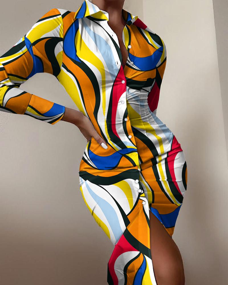 

Abstract Print Long Sleeve Button Down Shirt Dress, Multicolor