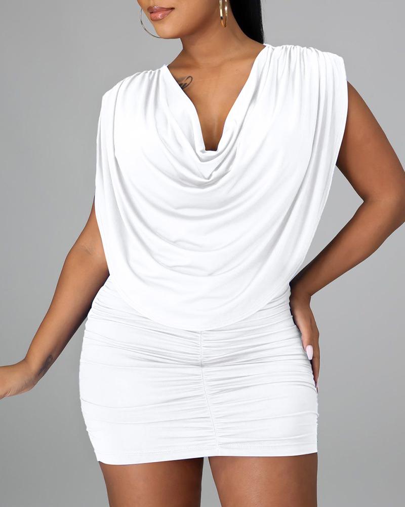 

Cowl Neck Ruched Sleeveless Bodycon Dress, White