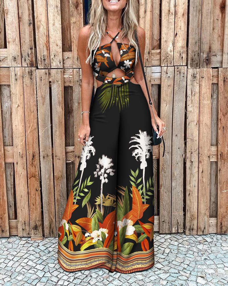 

Spagetti Strap Floral Print Cutout Wide Leg Jumpsuit, Multicolor