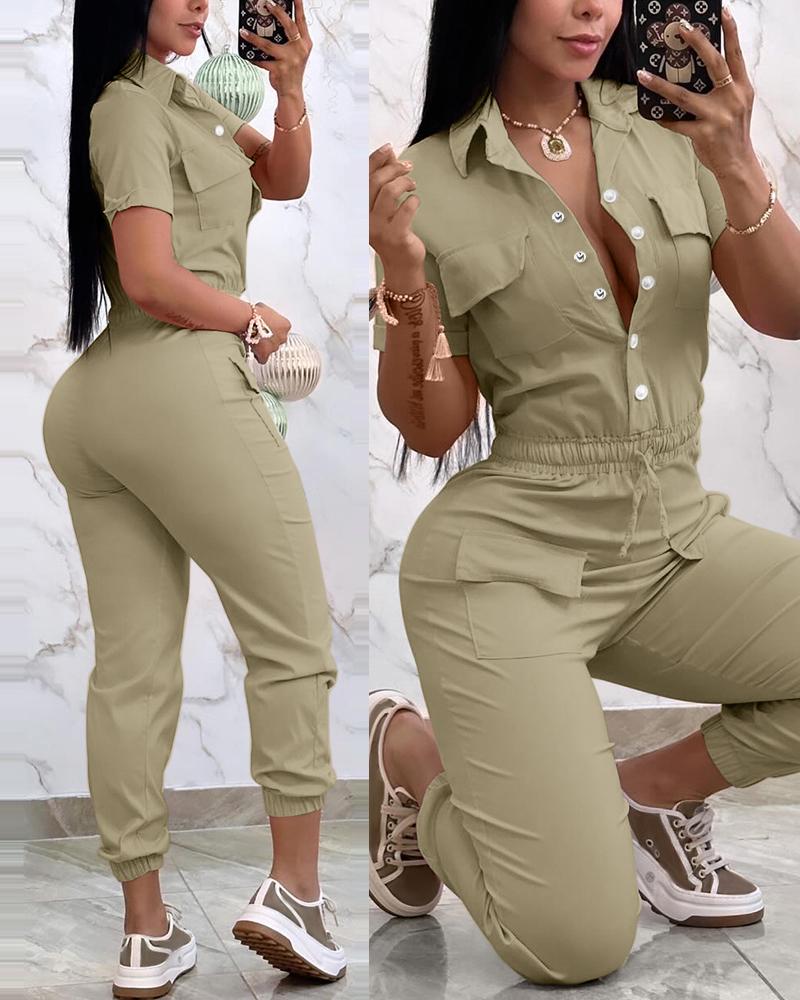 

Short Sleeve Pocket Design Cuffed Cargo Jumpsuit, Khaki