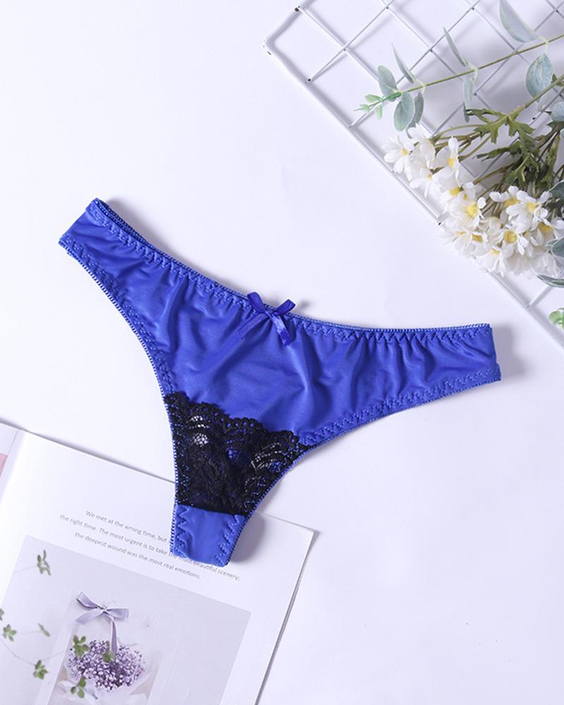 

Sexy Women Lace Patchwork Low Waist Thong In Solid Color, Blue