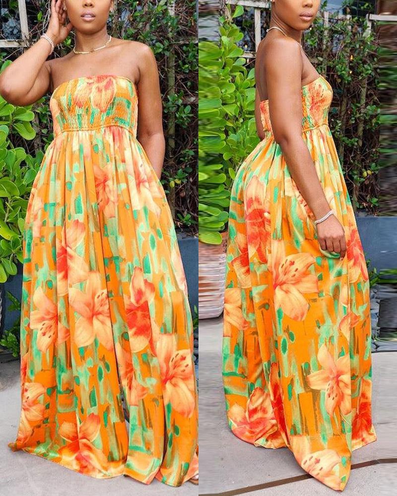 Floral Print Bandeau Shirred Wide Leg Jumpsuit