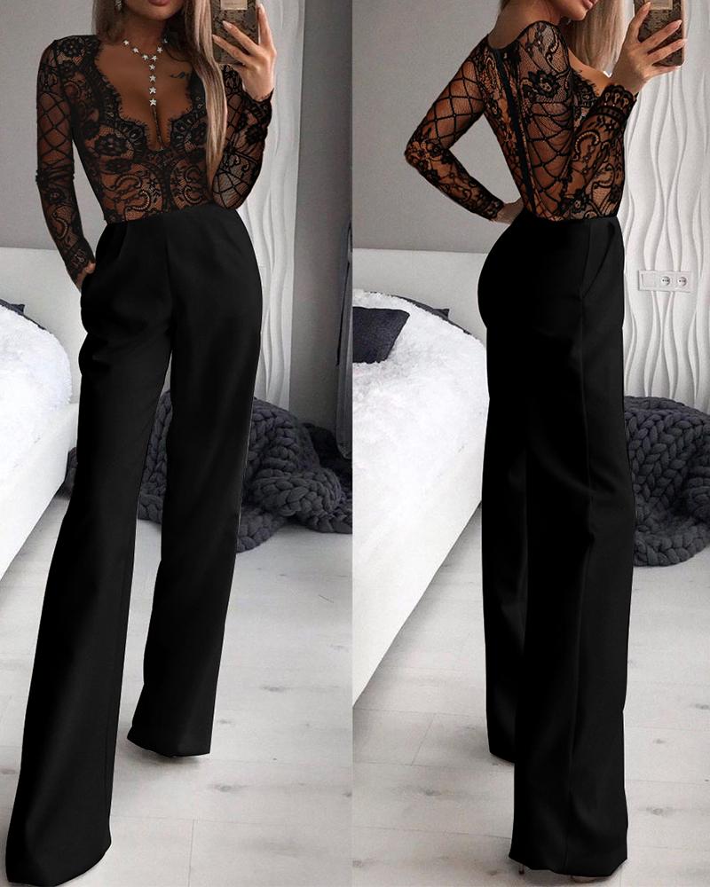 

Contrast Lace Straight Leg Jumpsuit, Black
