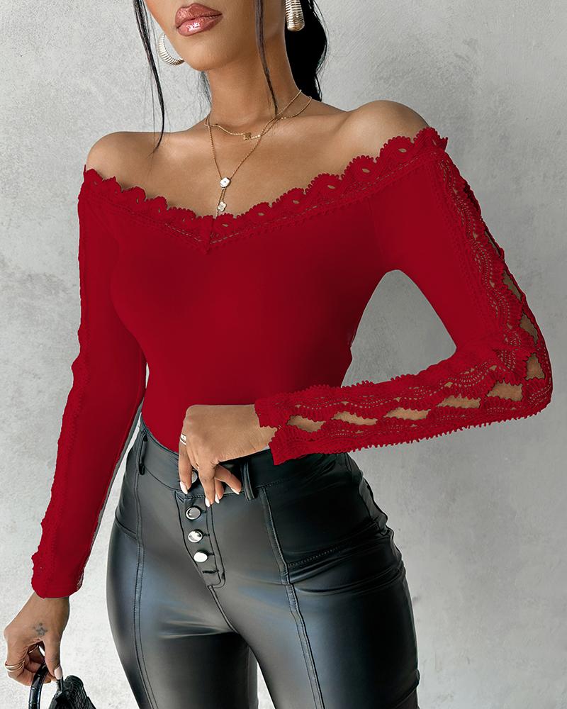 

Off Shoulder Hollow Out Lace Top, Red