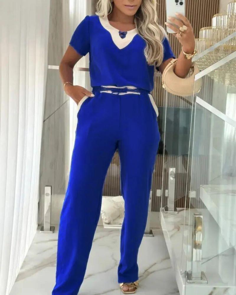 

Conjunto de 2 peças de blusa de manga curta com decote em V e calça casual com cordão na cintura, Blue
