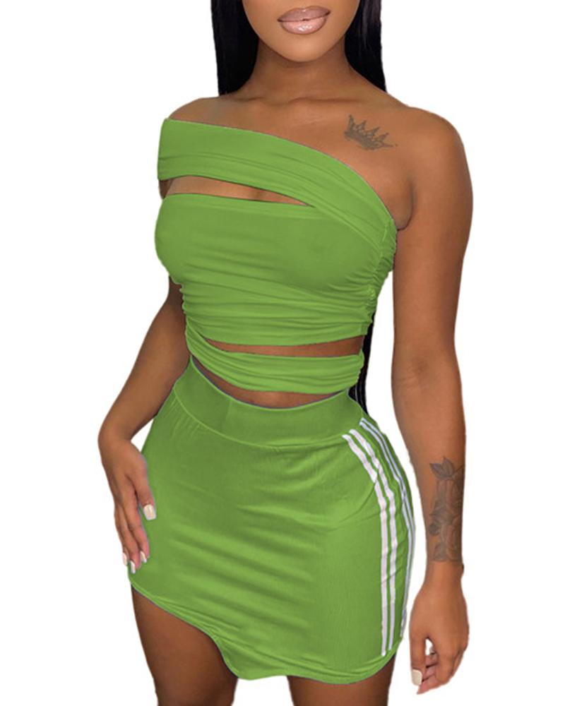 

Off Shoulder Cutout Top & Striped Print Skirt Set, Green