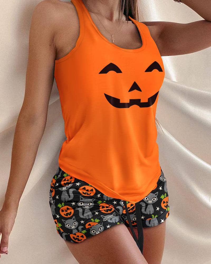 

Halloween Pumpkin Cat Print Drawstring Pajamas Set, Orange