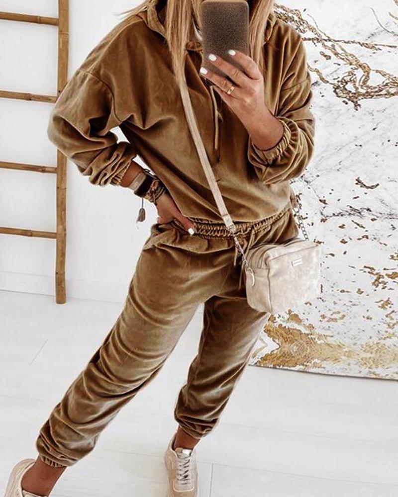 

Solid Velvet Drop Shoulder Drawstring Hoodie & Pants Set, Brown
