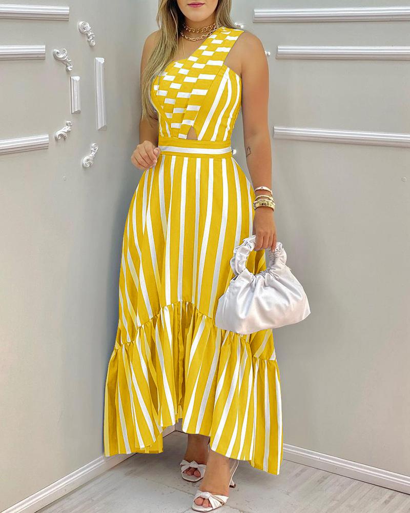 

One Shoulder Striped Colorblock Casual Dress, Yellow