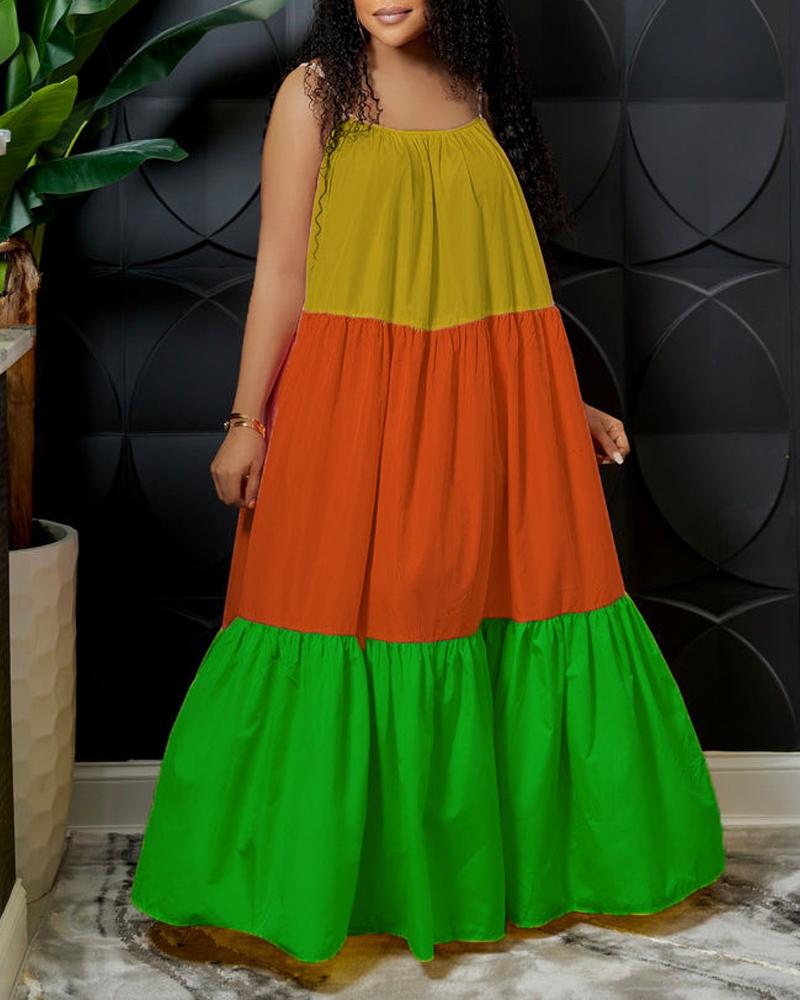 

Colorblock Spaghetti Strap Maxi Swing Dress, Green