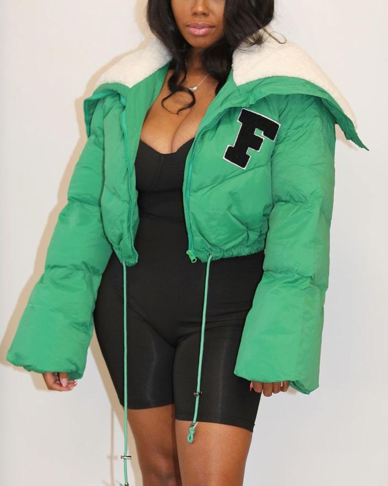 

Letter Embroidery Long Sleeve Zip Up Puffer Jacket, Green