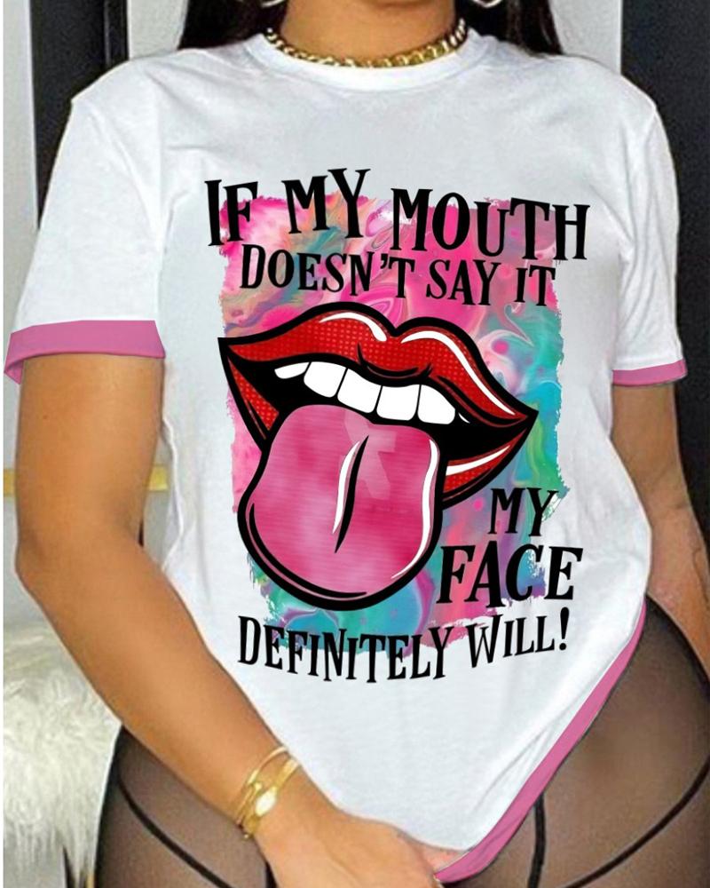 

Lip Letter Print Short Sleeve Casual T-shirt, White