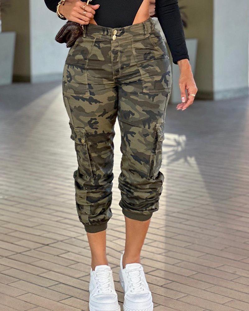 

Camouflage Print Pocket Design High Waist Pants, Camoflage