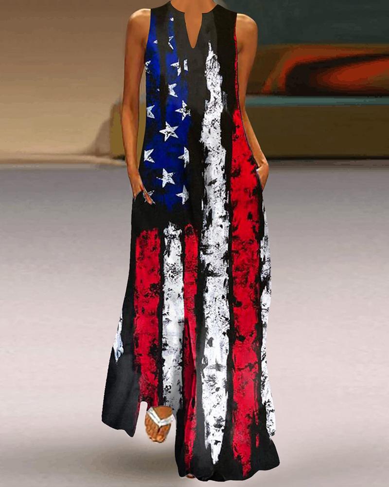 

Independence Day Flag Print Sleeveless Maxi Dress, Black