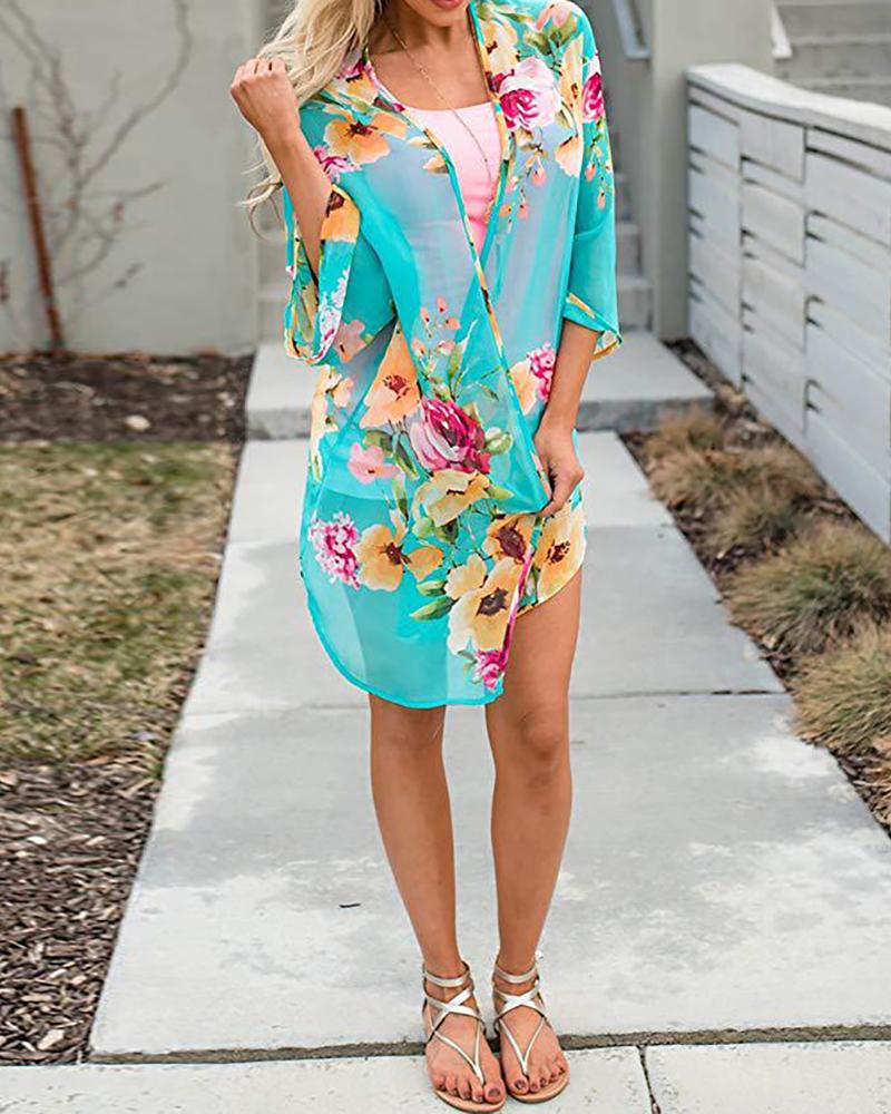 

Floral Print Long Sleeve Cover Up, Green