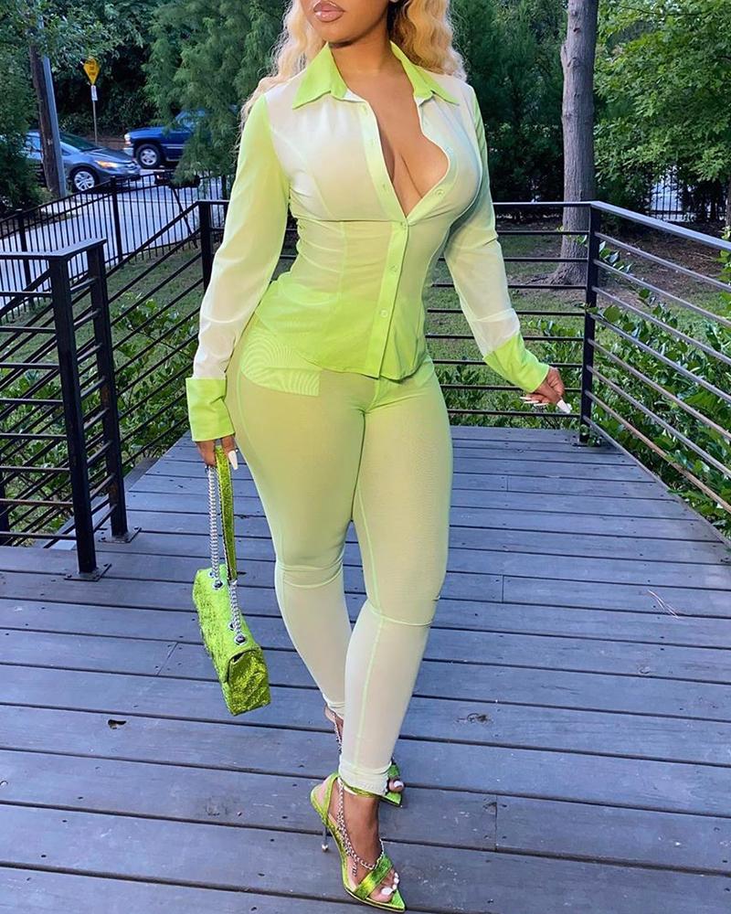 

Gradient Color Buttoned Top & Fitted Pants Set, Green