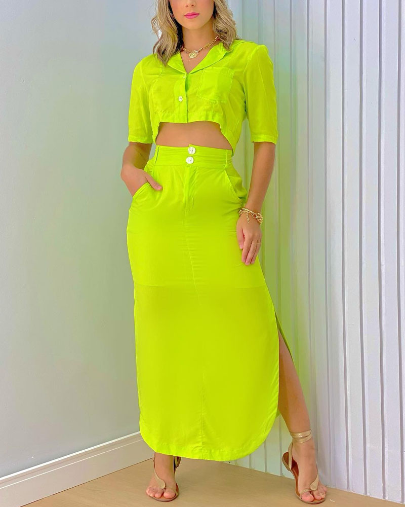 

Pocket Detail Buttoned Crop Top & Split Hem Skirt Set, Yellow