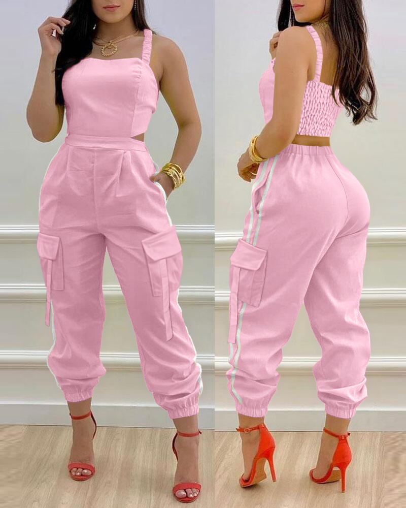 

Macacão cargo com design de bolso com painéis contrastantes, casual, franzido, elástico, alça, macacão, Pink