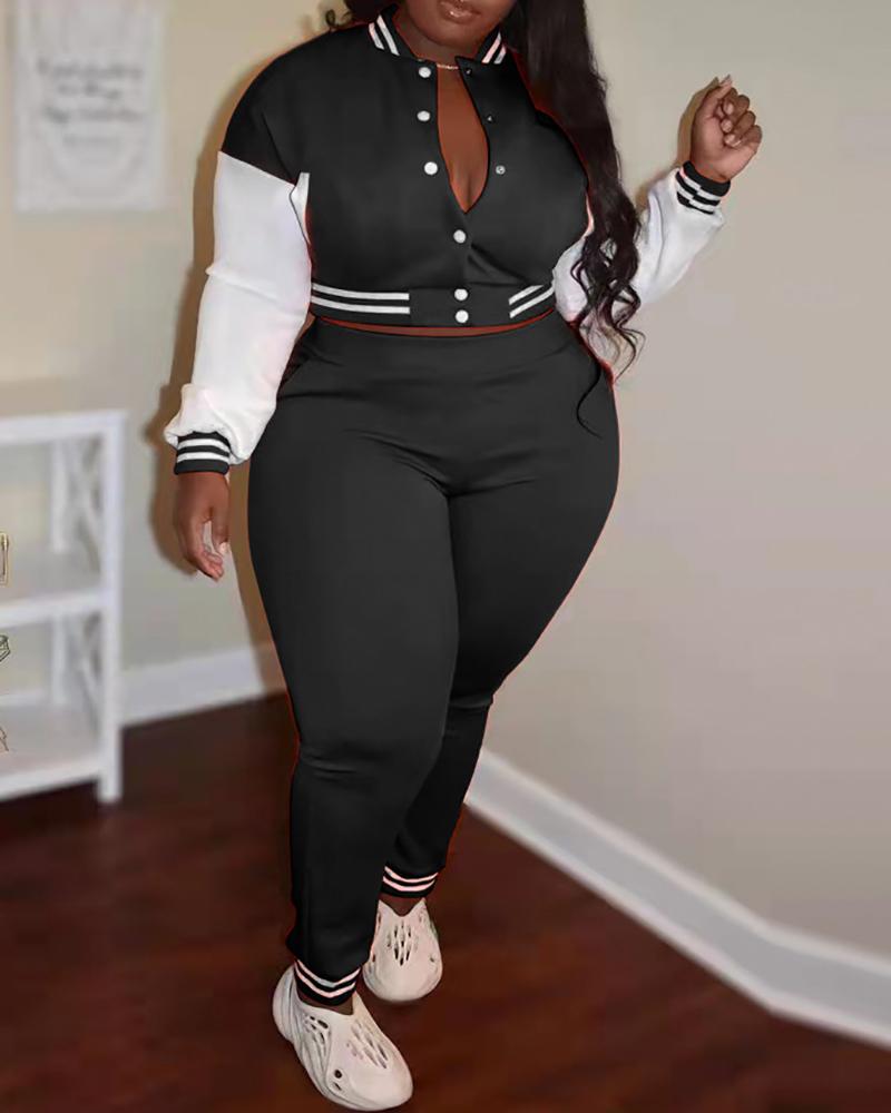 

Plus Size Striped Colorblock Baseball Jacket & Pants Set, Black