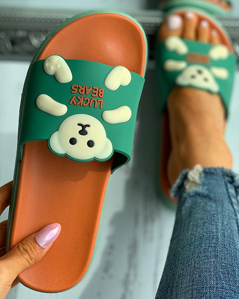 

Cartoon Letter Pattern Colorblock Flat Sandals, Green