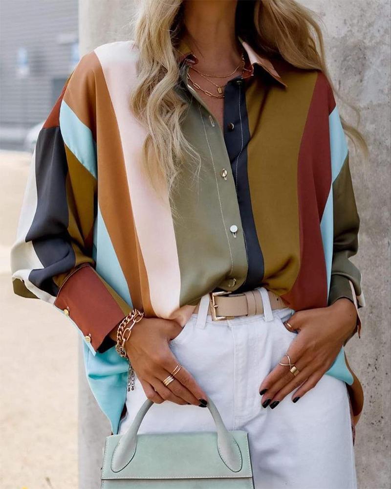 

Colorblock Striped Long Sleeve Buttoned Shirt, Multicolor