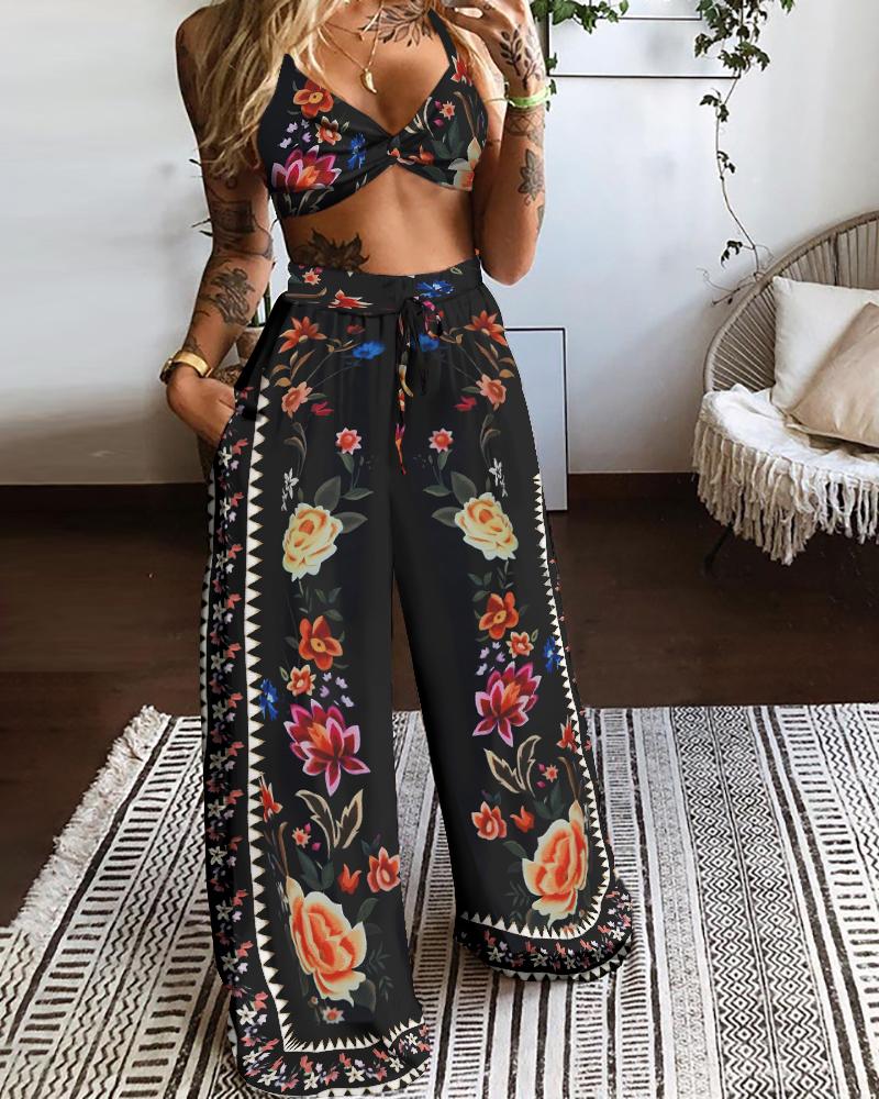 

Floral Print Twisted Front Crop Top & Wide Leg Drawstring Pants Set, Black