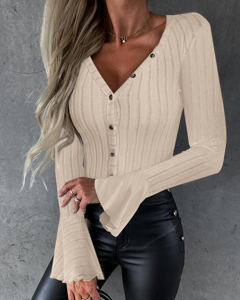 

V-Neck Bell Sleeve Buttoned Ribbed Top, Apricot