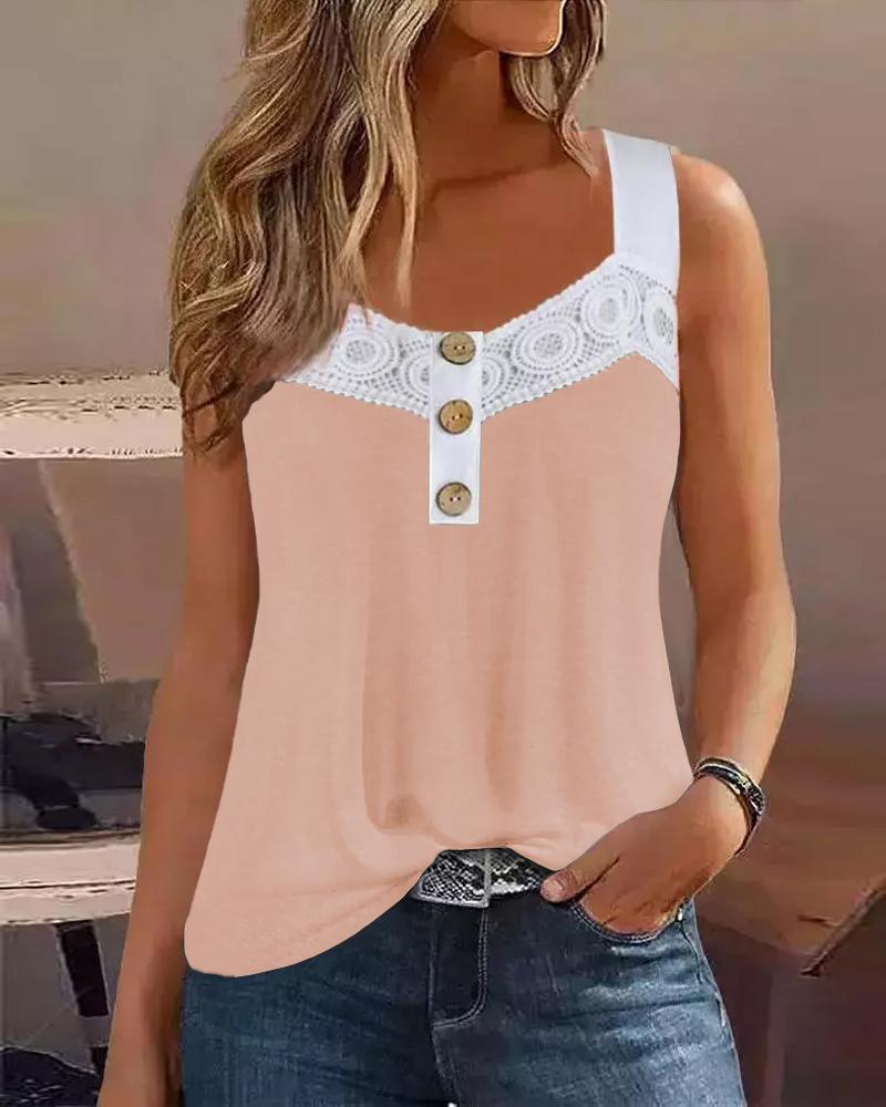 

Lace Patch Buttoned Tank Top, Pink