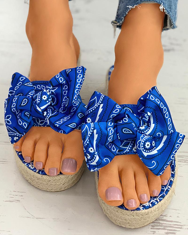 

Print Bowknot Espadrille Platform Sandals, Blue