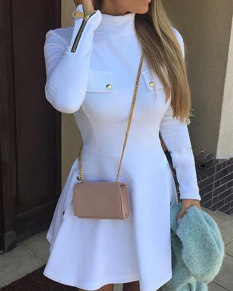 

Plain Zipper Pocket Design Long Sleeve Dress, White