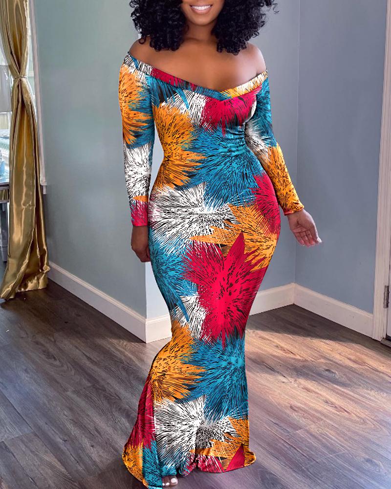 

Allover Print Off Shoulder Mermaid Dress, Multicolor