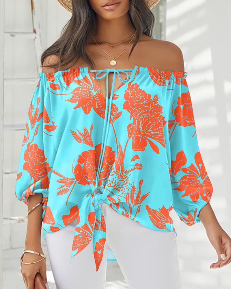 

Plants Print Tied Detail Off Shoulder Top, Blue