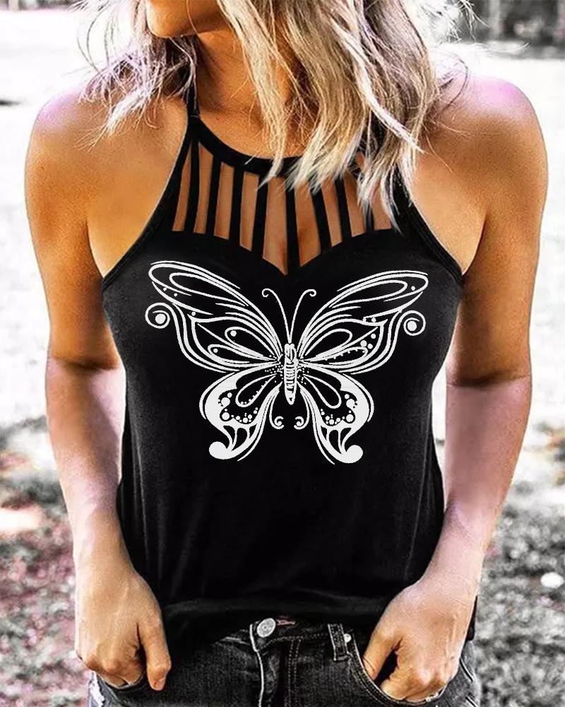 

Butterfly Print Hollow Out Sleeveless Tank Top, Black