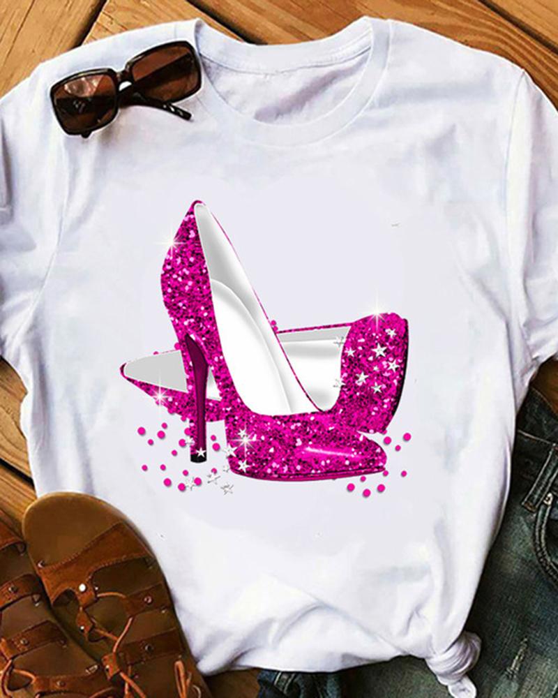 

Graphic Heels Print Crew Neck Casual T-shirt, White
