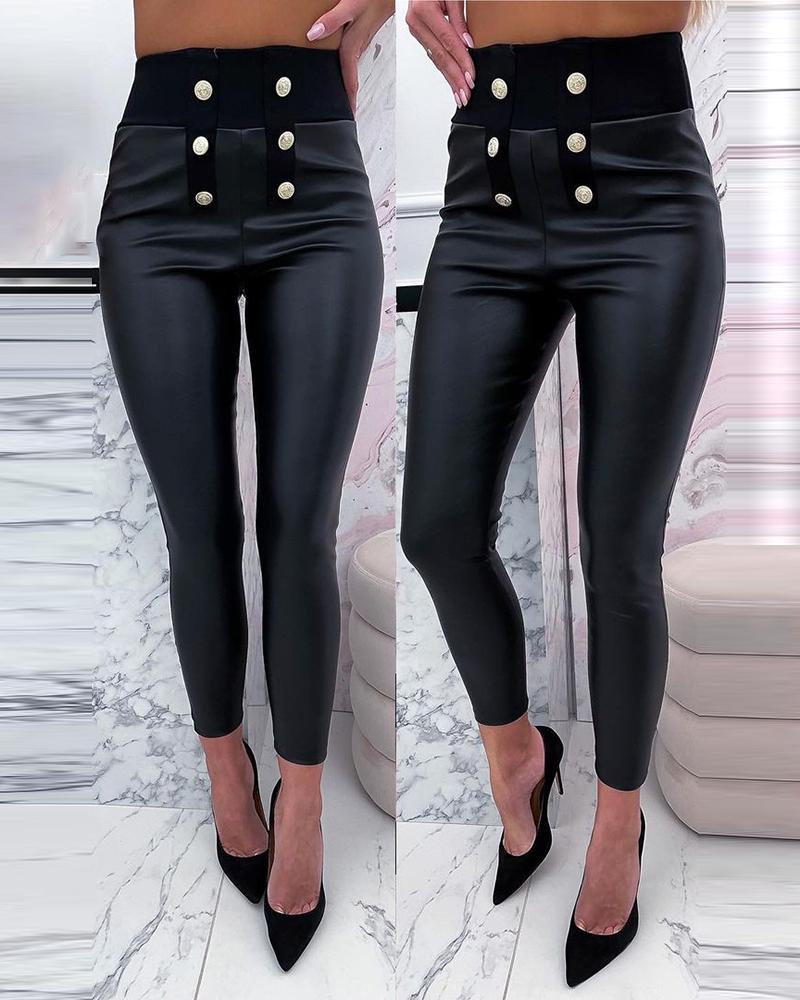 

Button Decor High Waist PU Leather Pants, Black