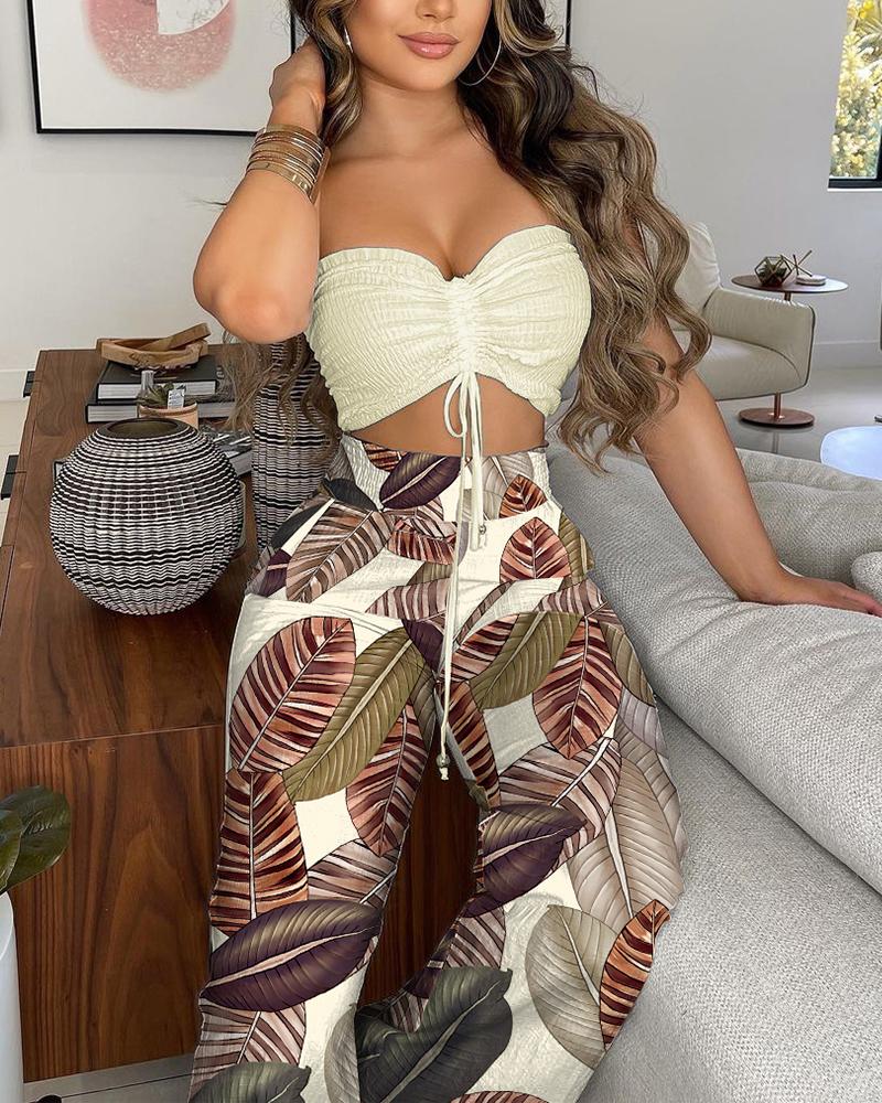 

Graphic Print Bandeau Drawstring Top & Leaf Print Pants Sets, Apricot