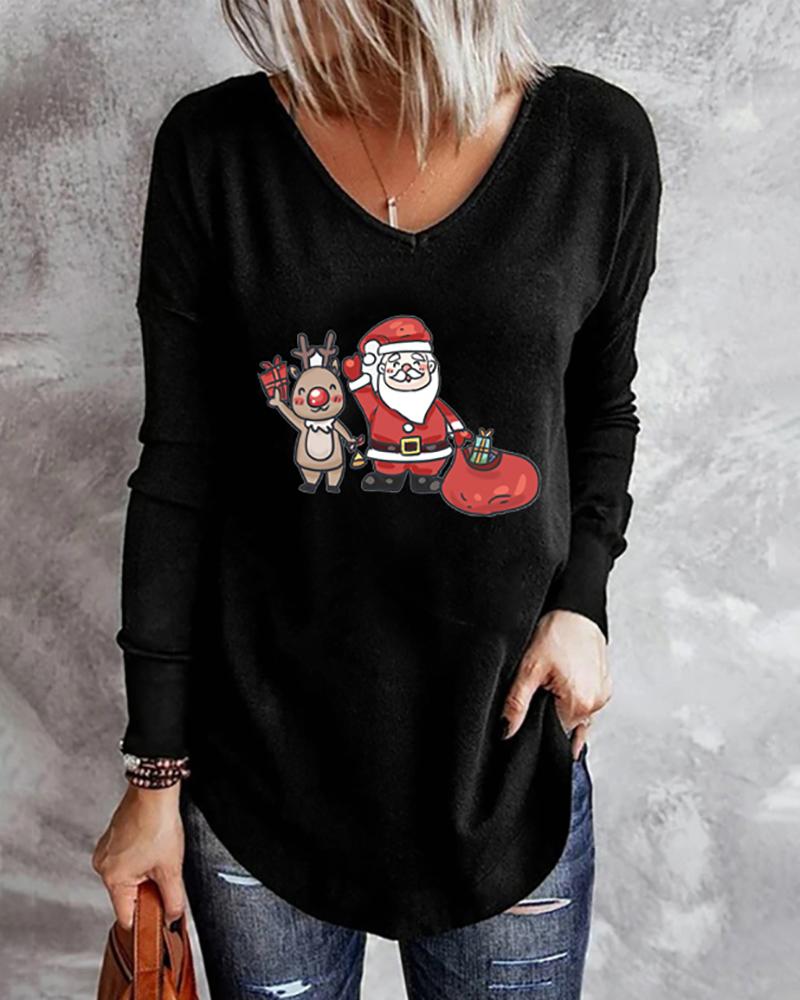 

Christmas Letter & Santa Print Long Sleeve Top, Style2