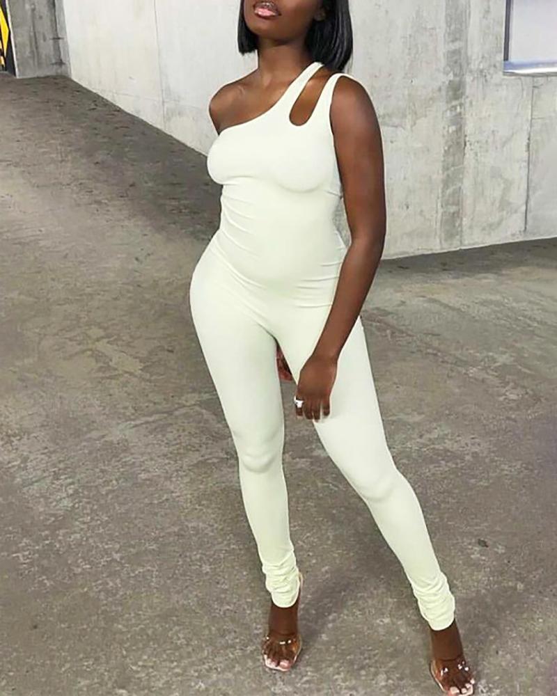 

One Shoulder Skinny Sleeveless Cutout Jumpsuit, White