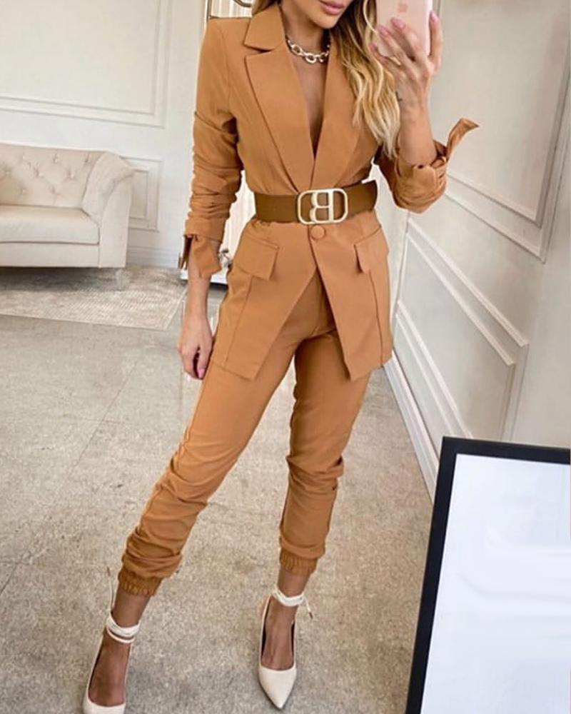 

Tied Detail Notched Collar High Waist Blazer Set Without Belt, Khaki