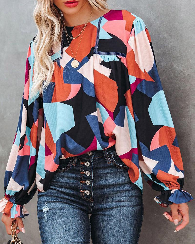 

Geometric Print Flounce Sleeve Top, Multicolor