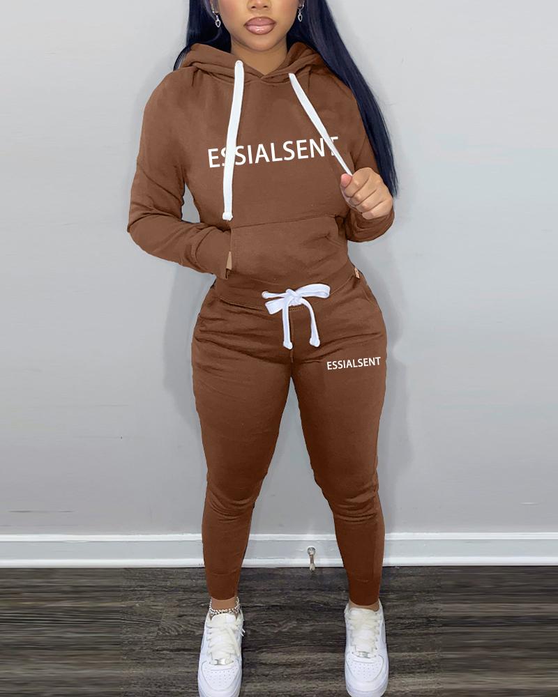 

Letter Print Long Sleeve Casual Hoodie & Pants Set, Coffee