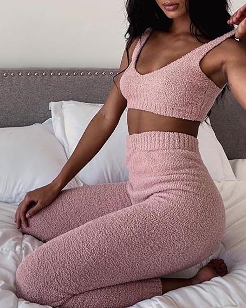

Fluffy Sleeveless Crop Top & High Waist Pants Set, Pink