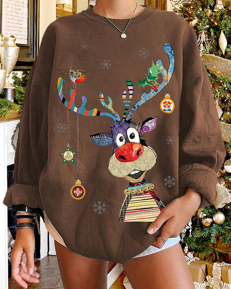 

Christmas Round Neck Reindeer Print Sweatshirt, Coffee