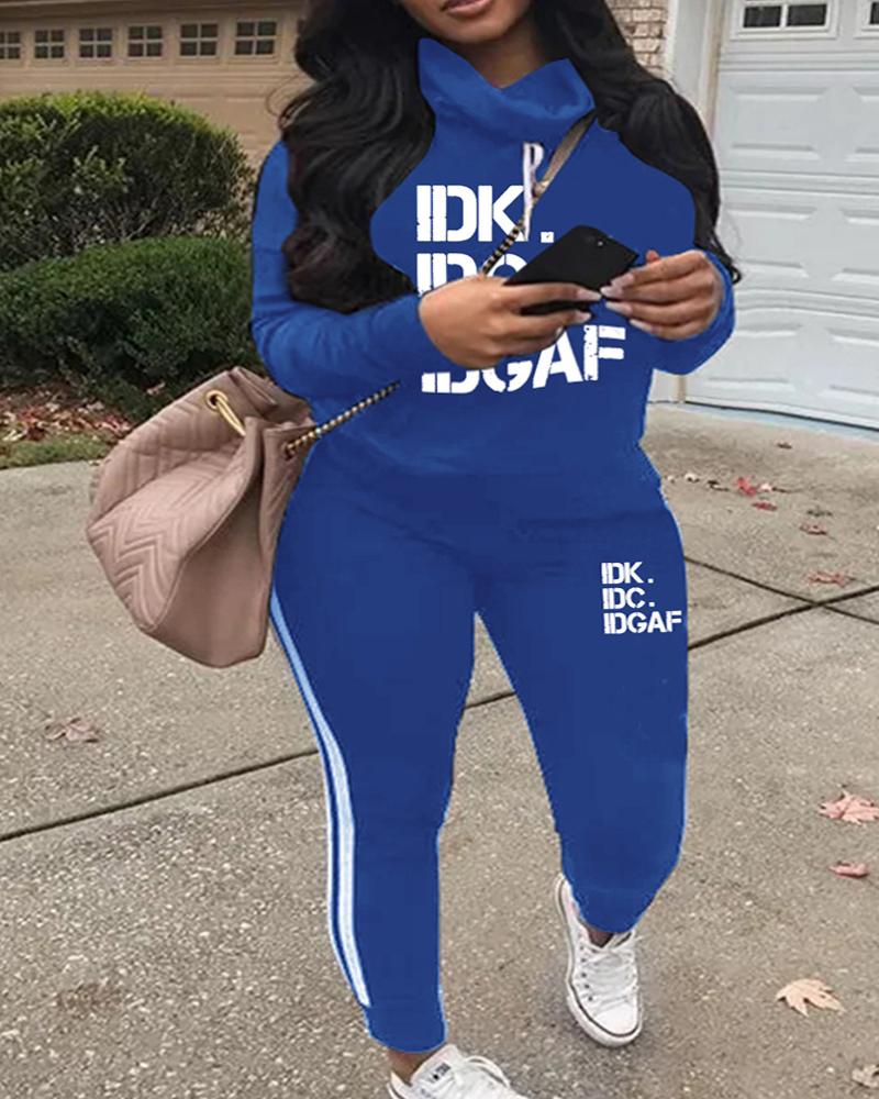 

Plus Size Letter Print Long Sleeve Casual Top & Pants Set, Blue