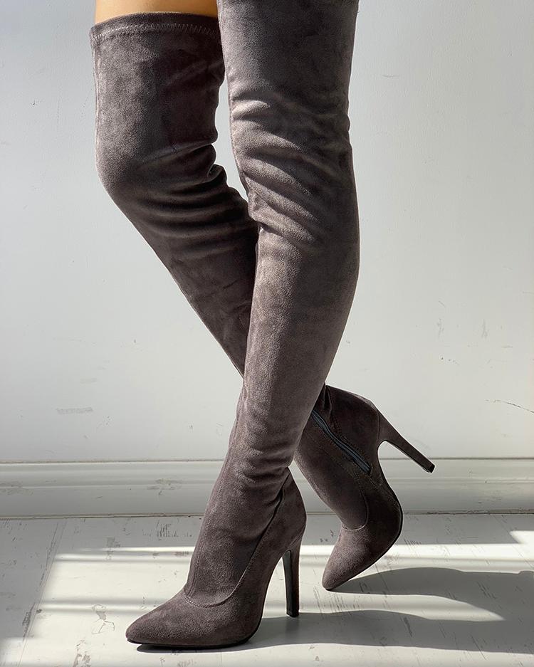

Knee-High Pointed Toe Heels Red Boots, Gray
