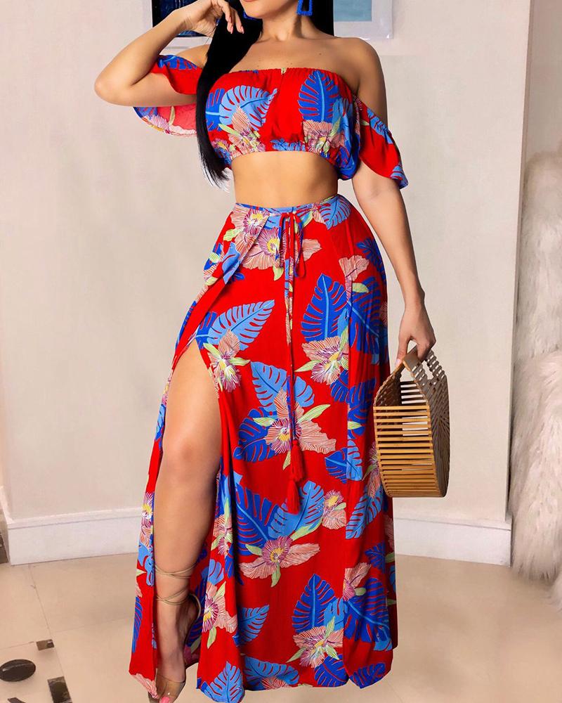 

Off Shoulder Tropical Print Crop Top & High Slit Maxi Skirt Set, Red