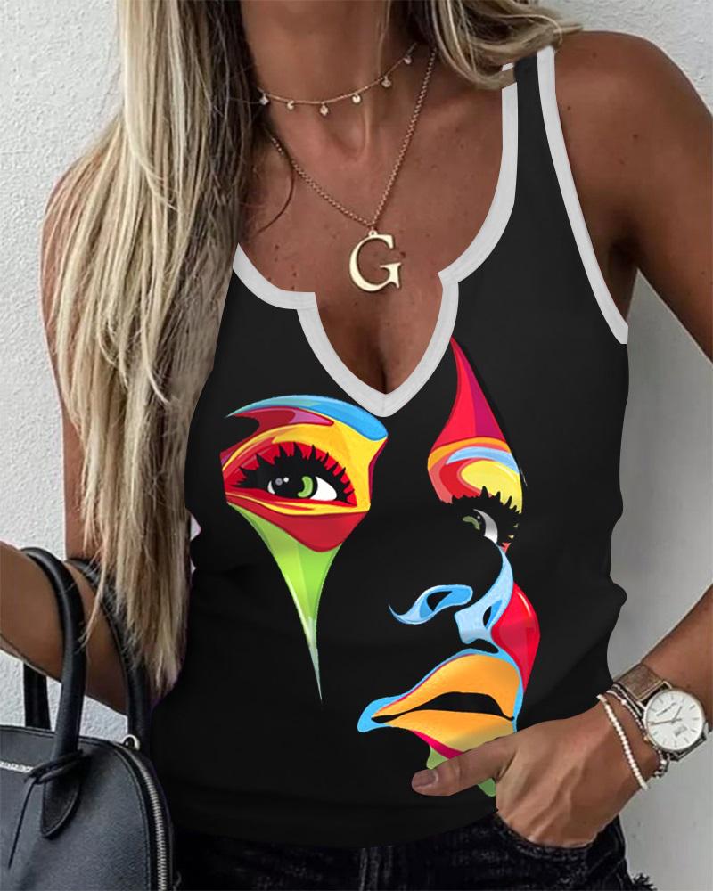 

Figure Print Contrast Binding Tank Top, Black