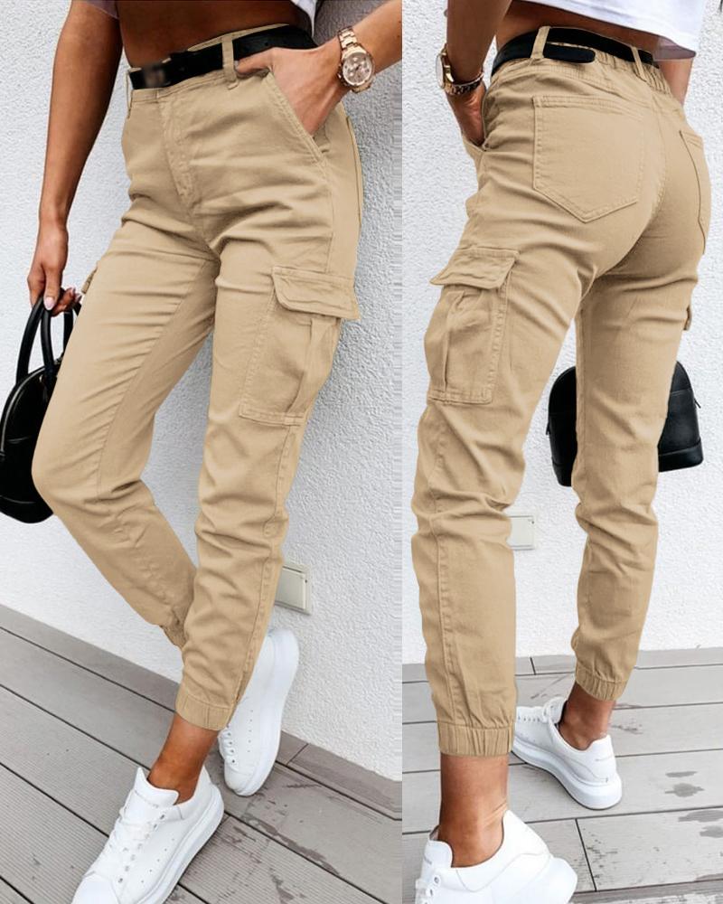 

Pocket Design High Waist Cargo Pants, Khaki