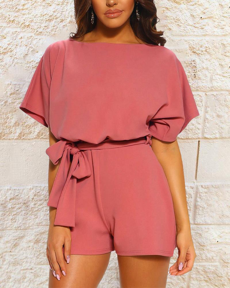 

Batwing Sleeve Keyhole Back Belted Romper Playsuit, Pink