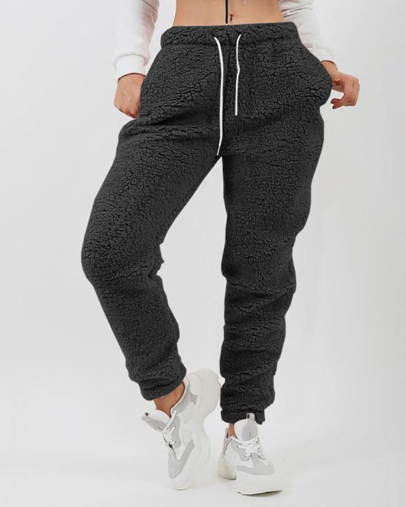

Drawstring Pocket Decor Fluffy Casual Pants, Black